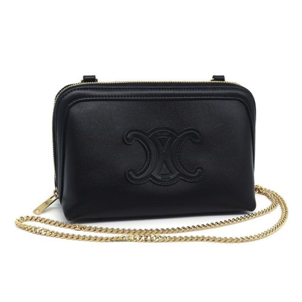 Celine Chain Clutch Cuile Triomphe Smooth Calfskin Shoulder Bag Black